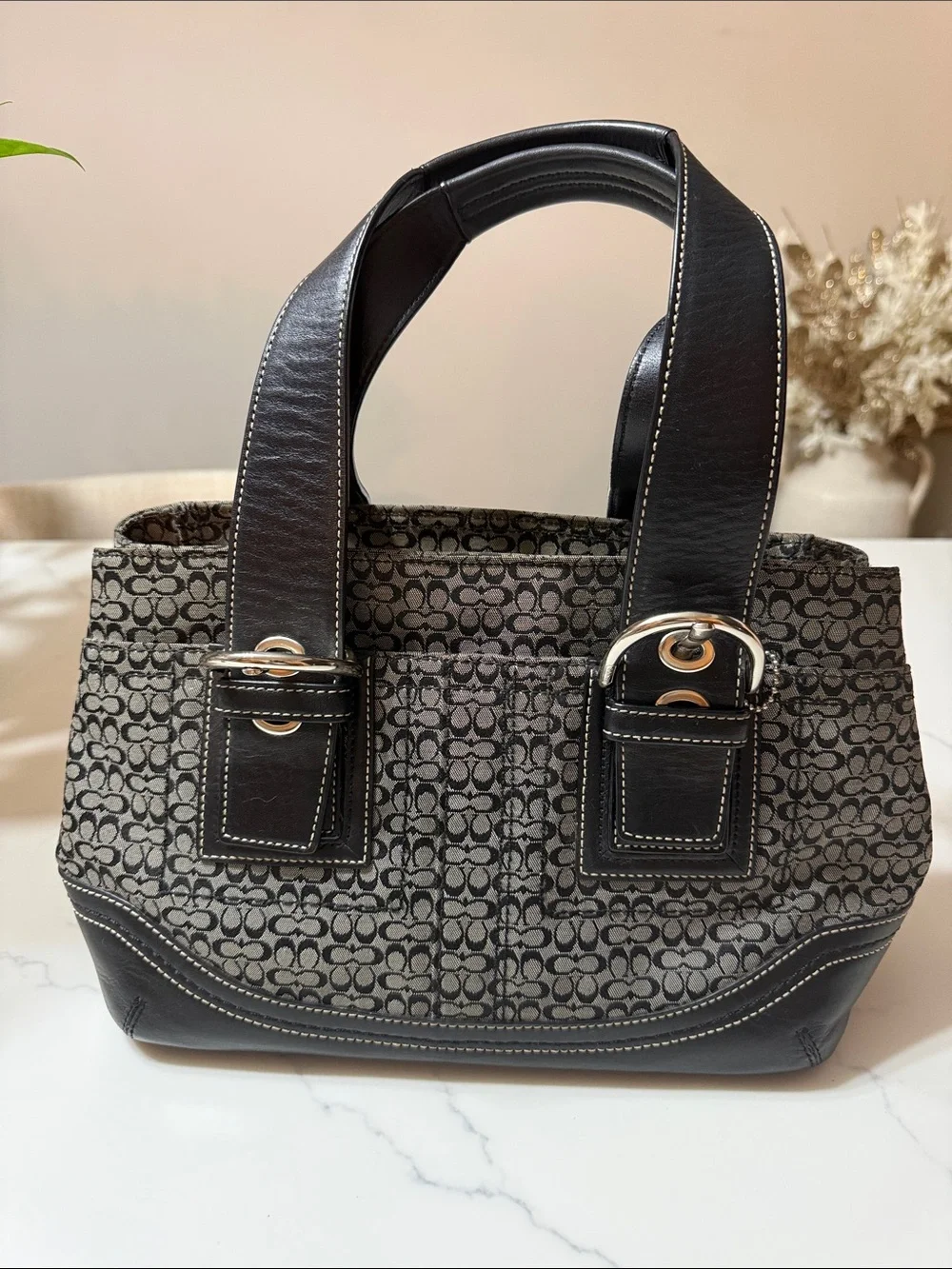 Vintage Y2K style Coach signature C jacquard black leather buckle handbag